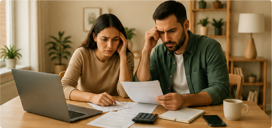 Casal sentado à mesa analisando papéis de contas, com notebook, calculadora e caderno