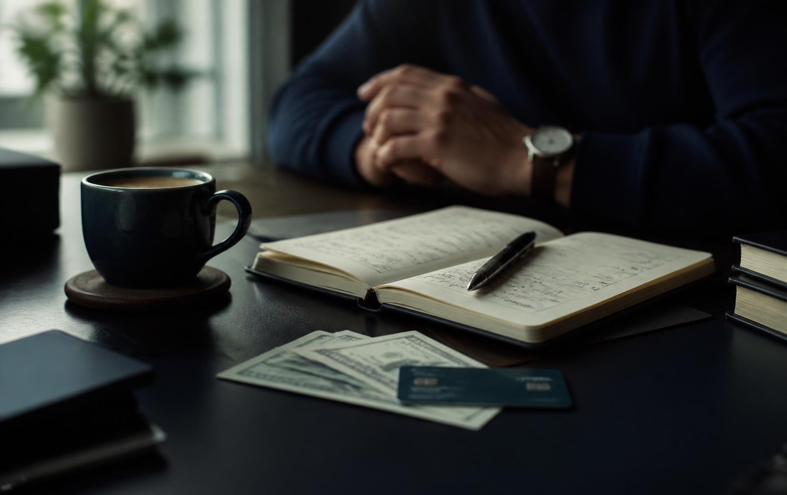 Mesa de trabalho com caderno de anotações, café, notas de dinheiro e cartão, em luz natural